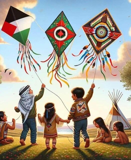 Palestinian children with Native American children in paradise